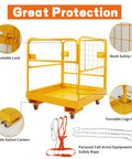 Forklift safety cage yellow steel lift basket, 36x36 in, with mesh safety screen and four swivel casters