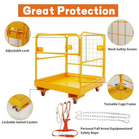 Forklift safety cage yellow steel lift basket, 36x36 in, with mesh safety screen and four swivel casters