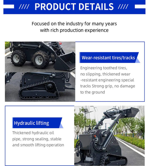 Compact Crawler Mini Skid Steer Loader With Deepened Bucket For Construction Barn Cleaning and Landscaping features detailed tire and hydraulic system close-up