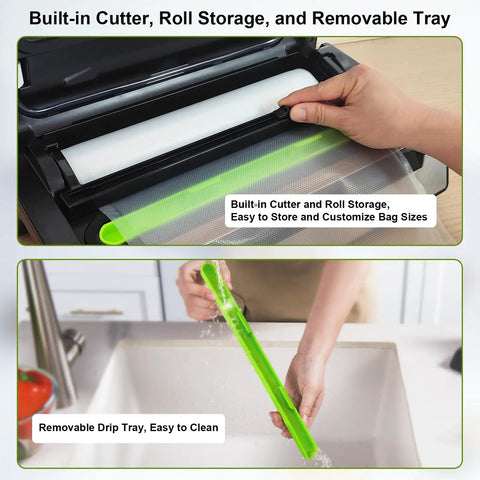 Image shows a 95kPa Vacuum Sealer With OneTouch Auto Vac And Seal, Double Heat Seal, Built In Bag Storage And Cutter.