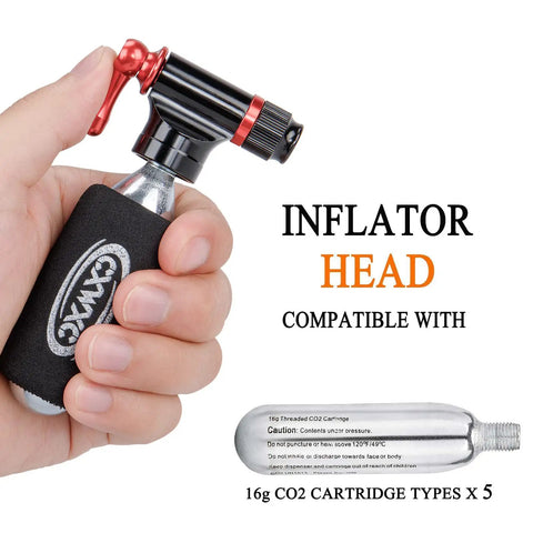 Hand holding CO2 Inflator Kit With Five 16g CO2 Cartridges Presta And Schrader Valve Compatible Portable Bike Tire Pump