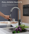 Person using Kitchen Faucet With Pull Down Sprayer High Arc Single Handle Satin Black Brushed Finish in modern kitchen sink