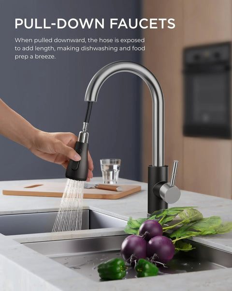 Person using Kitchen Faucet With Pull Down Sprayer High Arc Single Handle Satin Black Brushed Finish in modern kitchen sink