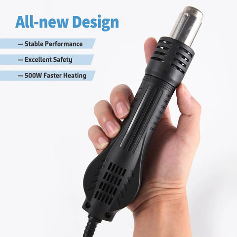 Hand holding 858D Hot Air SMD Rework Station with Digital Soldering Heat Gun, showcasing design features.