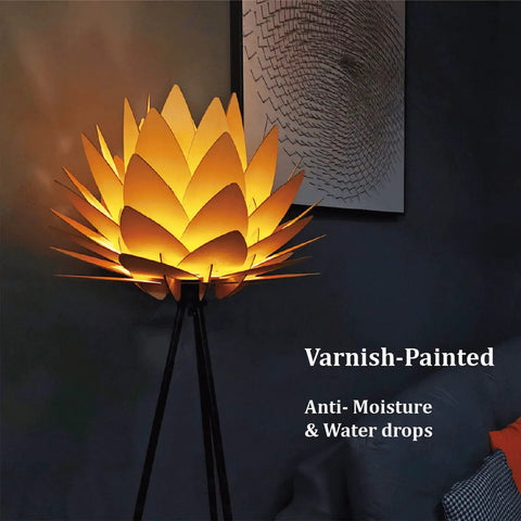Boho Lotus Flower Floor Lamp With Tripod Stand, Cozy Glow And Chill Vibe in a dark room, glowing softly with black finish tripod