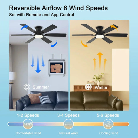 Low Profile 52 Inch Ceiling Fan With Light And Remote App Control in summer and winter mode illustration, 6 wind speeds shown.