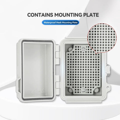 Rugged Outdoor Junction Box IP67 Waterproof With Hinged Gray Cover And Stainless Steel Latch, Built Tough With Mounting Plate, Wall Brackets, DIN Rail Ready Interior For Terminal Blocks, Relays, And Power Supplies, 120x90x70mm, open with mesh plate