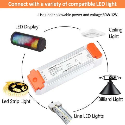 Dimmable LED Driver 12V DC 60W Quiet Operation Universal Regulated Power Supply compatible with various LED lights.