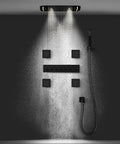 Game Changing 17 X 28 Inch Rainfall Waterfall Led Shower System With Handheld Sprayer And Seven Knob Valve For Six Smooth Custom Functions In Vintage Antique Brass, featuring cascading water.