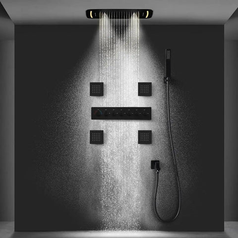Game Changing 17 X 28 Inch Rainfall Waterfall Led Shower System With Handheld Sprayer And Seven Knob Valve For Six Smooth Custom Functions In Vintage Antique Brass, featuring cascading water.