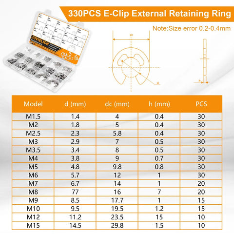 E Clip Circlip Assortment Kit, 330 Pcs, 14 Sizes, 304 Stainless Steel External Retaining Rings Set For Bearings, chart shown