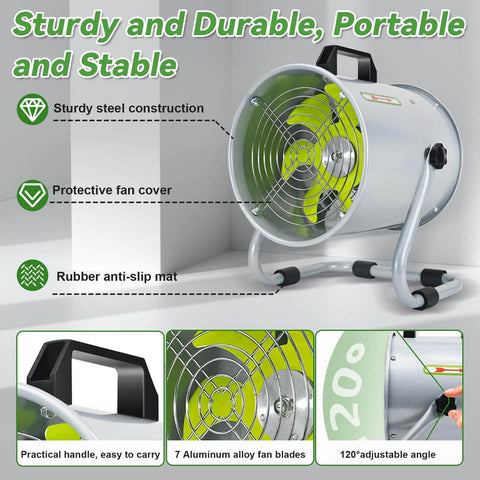 8 Inch Utility Blower Exhaust Fan Built Tough With 16.4 Ft Duct Hose 2800 RPM High Speed Low Noise Ventilation Fan For Industrial Welding Paint Booths Basements And Warehouses Delivers 1300m3h Airflow showing sturdy steel construction, protective fan cover, and adjustable angle.