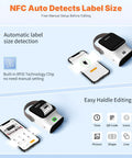 Portable Bluetooth Thermal Label Printer With Included Tape Inkless Sticker Maker For Home Organization And Small Business slaps labels on smartphones with NFC detection.