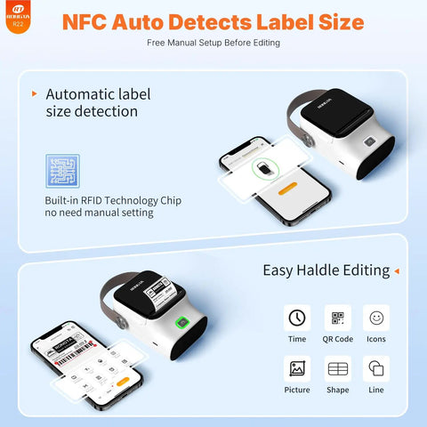 Portable Bluetooth Thermal Label Printer With Included Tape Inkless Sticker Maker For Home Organization And Small Business slaps labels on smartphones with NFC detection.