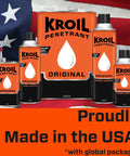 Five cans of Kroil Penetrant Original with American flag background
