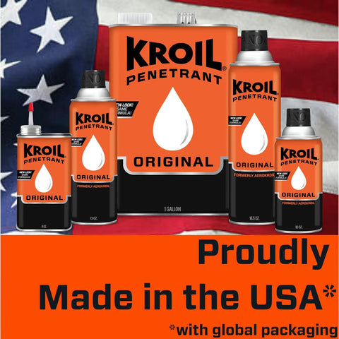 Five cans of Kroil Penetrant Original with American flag background