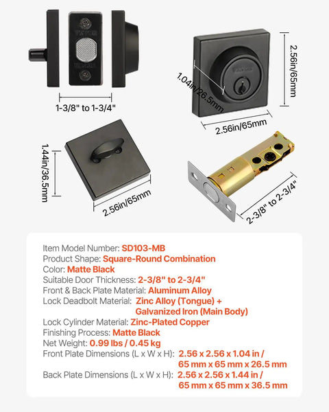 Full Metal Single Cylinder Deadbolt Lock Keyed One Side Comes With Three Heavy Duty Keys Matte Black Finish dimensions and materials