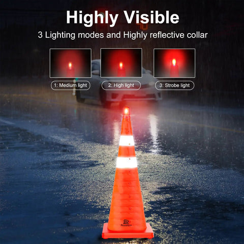 28 Inch Collapsible Traffic Cones Two Pack With LED Lights And Reflective Collar, Ultra Visible Orange Safety Cones For Road Safety shown at night with active LED and reflective collar
