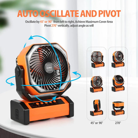 Image showing 20000mAh Rechargeable Camping Fan With Built In Light And Remote, Auto Oscillating Tent Fan showcasing oscillation angles.