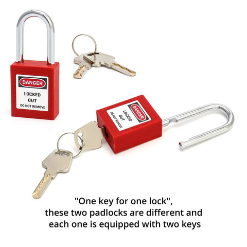 Red Lockout Tagout Safety Padlock Set Two Pack With Four Keys One Employee One Lock One Key Compliance Non Conductive Thermoplastic Construction Writable Label For Simple Tagout Safety