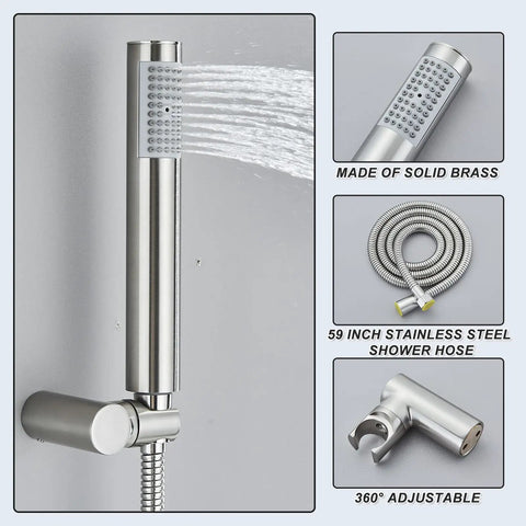 Brushed Nickel Shower System With 8 Inch Round Rain Shower Head And Handheld Spray, brass arm and 59 inch stainless steel hose