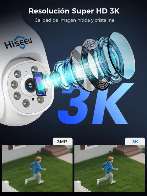 Camera lens illustration emphasizing 3K resolution from the 5MP Wireless PTZ Security Camera System With Indoor And Outdoor IP66 Weatherproof Cameras 4K 10CH NVR 2 Way Audio Motion Detection Alerts Around The Clock Surveillance And 1TB Hard Drive Plug In