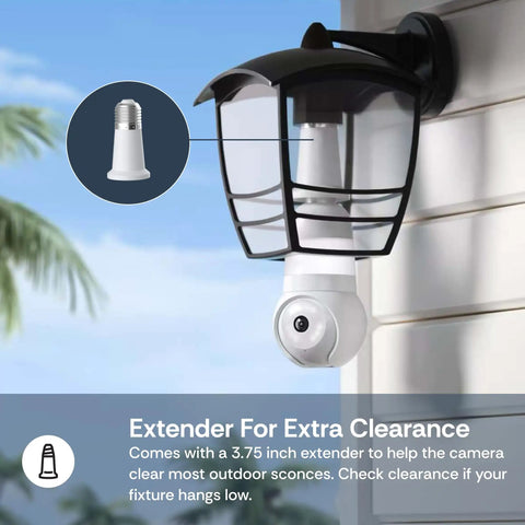 Light Bulb Security Camera For Indoor And Outdoor Use With 360 Degree Pan Tilt Color Night Vision LED Spotlight And 2.4GHz Wi Fi 6 No Sweat Screw In E26 E27 Socket Fit For Porch Lights Home Security 2026 Upgrade installed in outdoor sconce with extender.