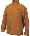 Heavy Duty Flame Resistant Leather Welding Jacket With Triple Needle Stitching And Flip Up Collar For Neck Protection Spatter Guard Brown Large Durable Heat Shield For Welders Gear, front view