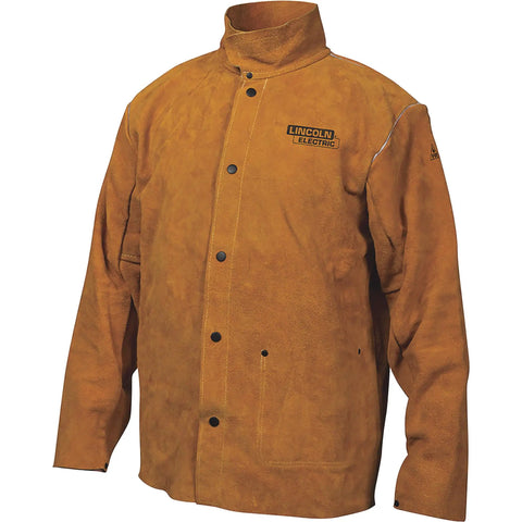Heavy Duty Flame Resistant Leather Welding Jacket With Triple Needle Stitching And Flip Up Collar For Neck Protection Spatter Guard Brown Large Durable Heat Shield For Welders Gear, front view