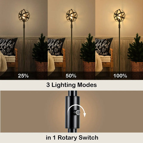 Globe Industrial Floor Lamp With Dimmable On Off Switch in 3 lighting modes for cozy vibe. Rustic spherical standing light.