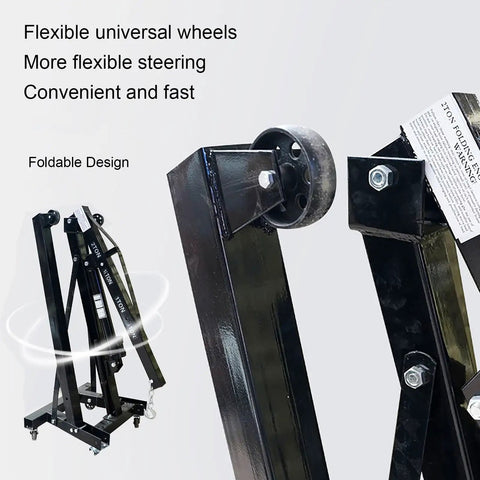 Flexible wheels on Heavy Duty 2 Ton Hydraulic Engine Hoist, Alloy Steel Cherry Picker Lift for easy maneuverability.