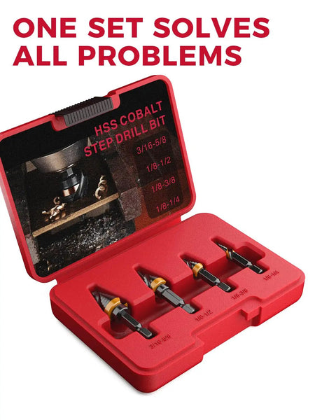 Four Piece HSS Step Drill Bit Set From One Eighth Inch To Five Eighths Inch With Quarter Inch Shank Compact EDC Unibit in red case