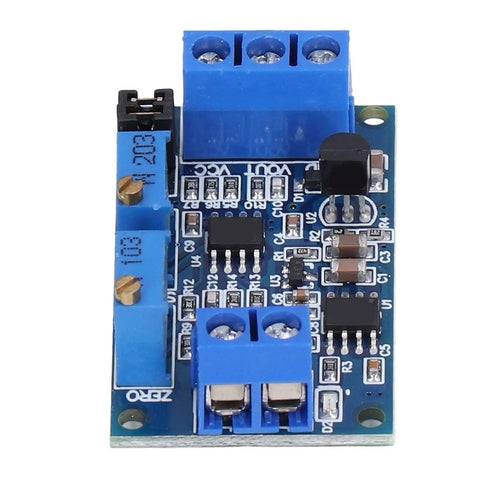 Current To Voltage Converter Module With Dial In Zero And Full Scale Adjustments Plus Wide Supply Range, top view, blue circuit board.