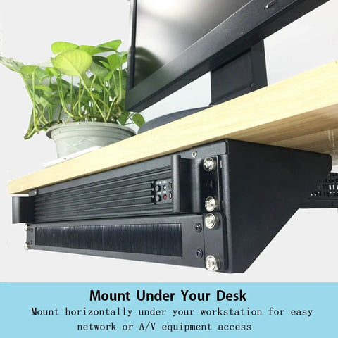 Bulletproof Heavy Duty Vertical Wall Mount Patch Panel Bracket Pack Of Two For 19 Inch Network Gear mounted under desk for easy access.