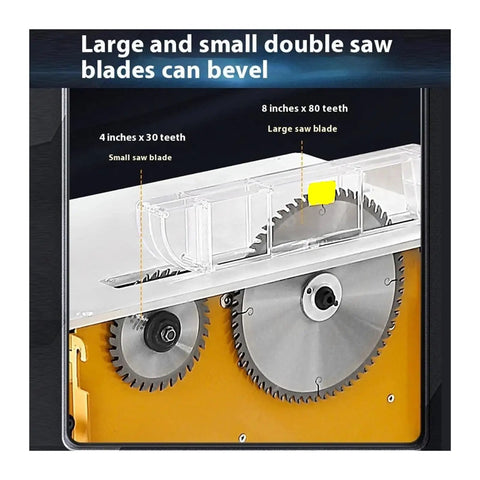 Built Tough Portable Woodworking Table Saw Featuring Dual High Power Motors Plus No Mess Dust Control On A Heavy Duty Aluminum Bench, showing large and small double saw blades.