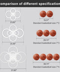 Comparison chart showing different sizes of Six Ring Modern LED Ceiling Light Flush Mount With White Rings alongside basketballs.
