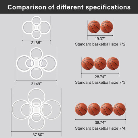 Comparison chart showing different sizes of Six Ring Modern LED Ceiling Light Flush Mount With White Rings alongside basketballs.