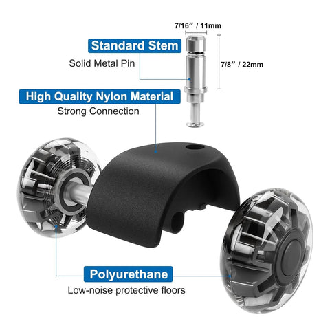 Dual Rubber Office Chair Wheels Two Inch Set Of Five Heavy Duty Casters Support Up To 2200 Pounds Quiet Rolling For Hardwood Floors And Carpets Universal Fit Seven Sixteenths By Seven Eighths Inch Black, close-up view of wheel components.