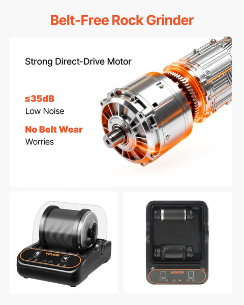 Rock Tumbler Kit With 2 Lb Capacity And 4 Speed Settings 1 To 9 Day Timer TPU Drum Direct Drive Motor and components shown