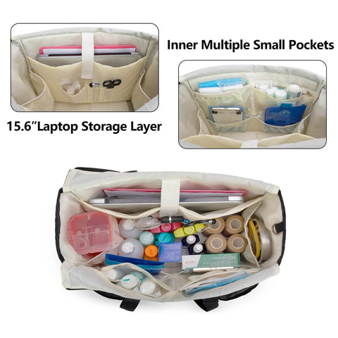 Open view of Workhorse Nurse Bag With 15.6 Inch Laptop Sleeve showing organized medical supplies and inner pockets, durable design.