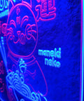Close-up of a Beckoning Cat Neon Sign for Wall Decor LED Luck Light With Ramen Theme, featuring blue and red Japanese motifs, 16x24 inches.