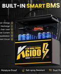 12V 100Ah LiFePO4 Battery With Built In 100A BMS Group 31 shown with open smart BMS features for safety in marine RVs