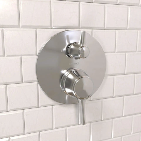 Ecostat Classic Pressure Balance Shower Valve Trim With Diverter in Chrome, Model 04449000 installed on white tile wall