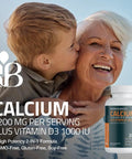 Calcium 1200mg Plus Vitamin D3 1000 IU High Potency Mega Formula Non GMO 200 Tablets bottle with smiling elderly woman and child.
