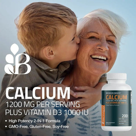 Calcium 1200mg Plus Vitamin D3 1000 IU High Potency Mega Formula Non GMO 200 Tablets bottle with smiling elderly woman and child.