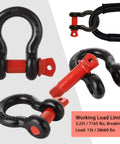 Six Piece Five Eighths Inch D Ring Shackles Heavy Duty Screw Pin Clevis For Towing And Off Road Recovery, shown in black and red with WLL 3.25 Ton.