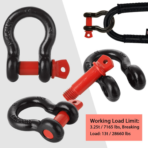 Six Piece Five Eighths Inch D Ring Shackles Heavy Duty Screw Pin Clevis For Towing And Off Road Recovery, shown in black and red with WLL 3.25 Ton.