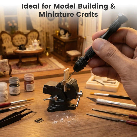 Pro Grade Precision Micro Drill Bit Set With 26 Pcs HSS And Carbon Steel Bits 0.5 To 3.2 mm Pin Vise Hand Drill Kit in use for model crafting