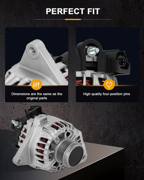 Premium Auto Alternator Replacement For Hyundai Elantra 2011-2017 And Elantra Coupe 2013-2014 And Elantra GT 2013-2017 Plus Kia Forte 2014-2016 And Soul 2012-2013 High Output 12V Car Electrical System Upgrade showing dimensions and four-position pins