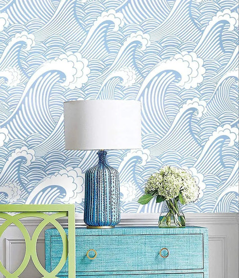 Peel And Stick Ocean Wave Wall Mural Hand Painted Blue And White Seamless Design Self Adhesive Prepasted Wallpaper in room setup